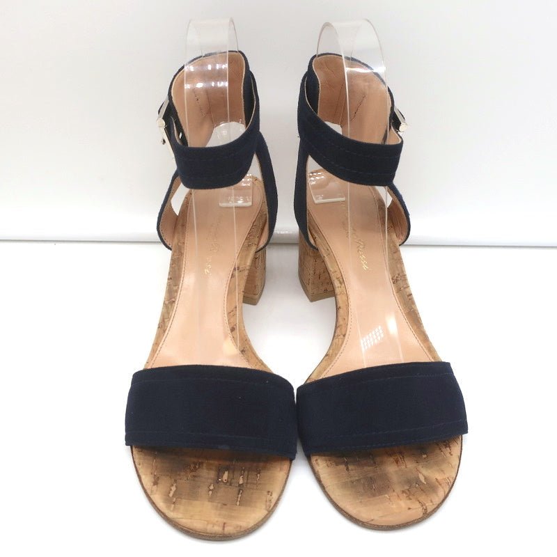 Gianvito Rossi Cork Sandals Rikki Navy Suede Size 36 Ankle Strap Mid-Heel