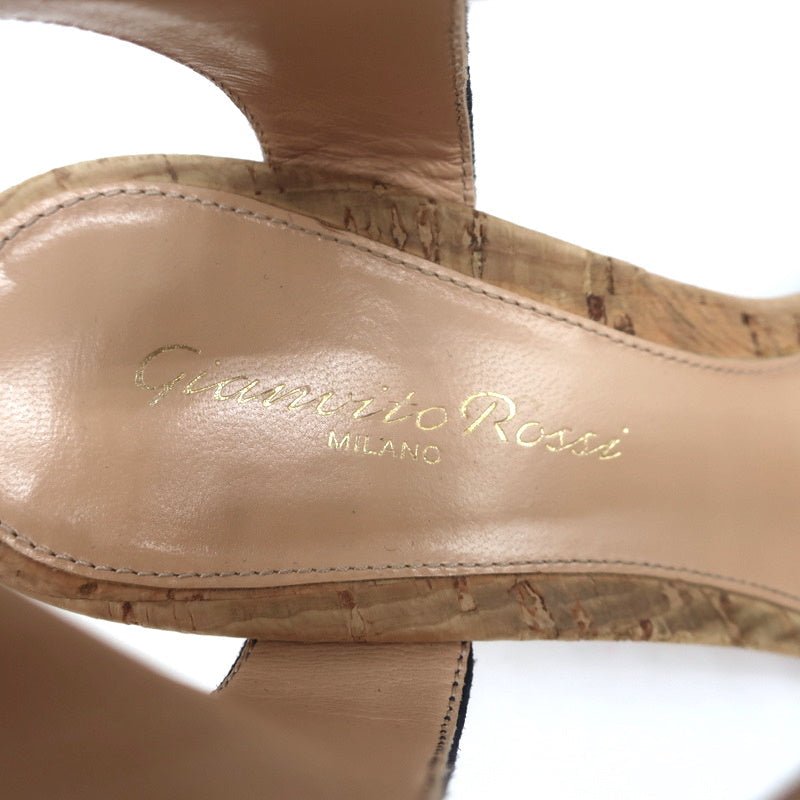 Gianvito Rossi Cork Sandals Rikki Navy Suede Size 36 Ankle Strap Mid-Heel